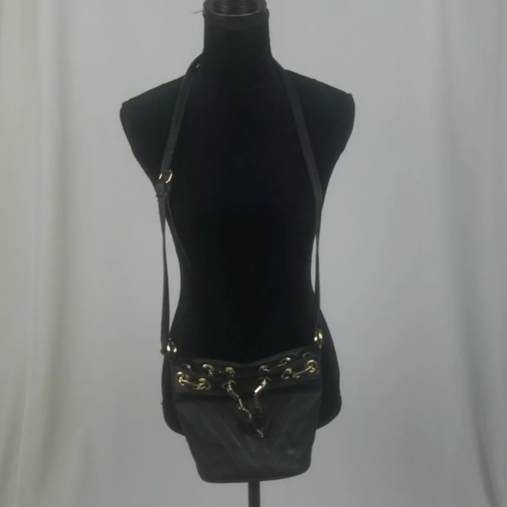 Free People black leather quilted cross body handbag‎ chain gothic steampunk